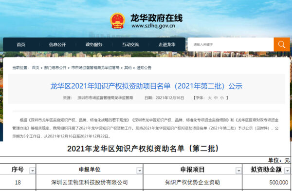 創新驅動，制度引領 | 云里物里被認定為“深圳市龍華區2021年知識產權優勢企業”